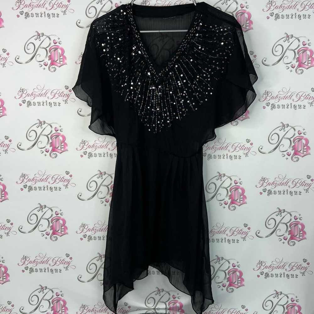 Dress mini beaded embroidered sequins sparkly flowy Black Beaded V-Neck Dress